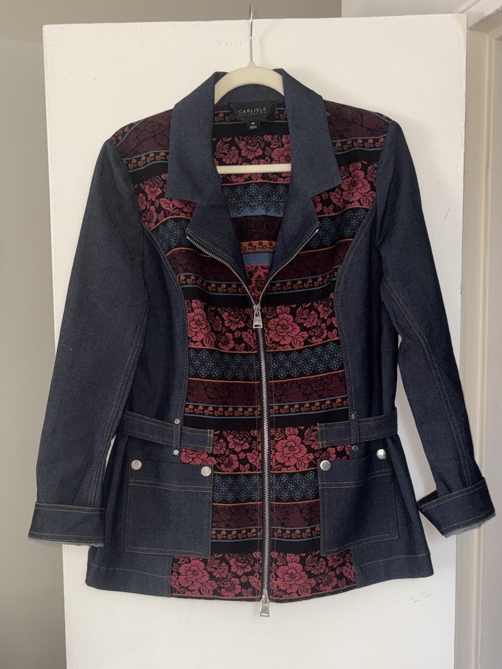 Carlisle Black Denim Jacket with Burgundy Floral Panels and Striped Accent